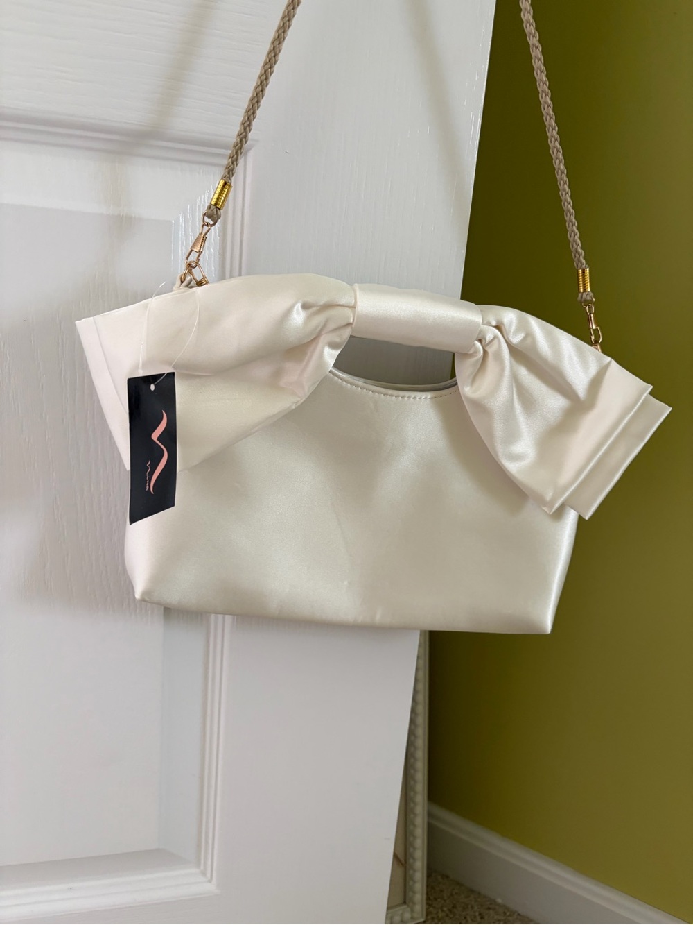 Nina Ivory Satin Bow Clutch with Gold chain and alternate Rope Strap